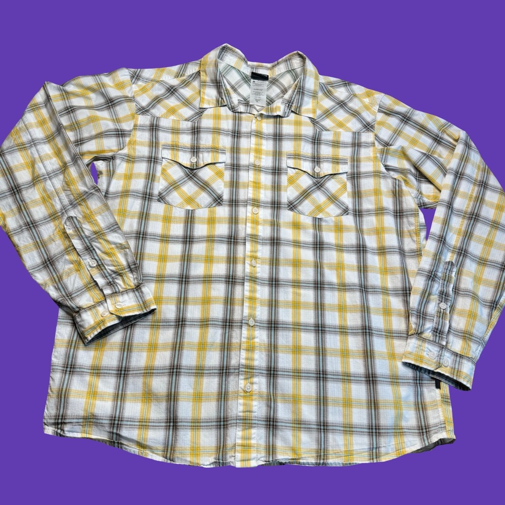 Patagonia Organic Cotton Shirt XL Mens White Yellow Plaid Button Outdoor